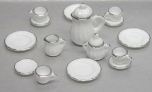 Dollhouse Miniature 17 Pc White China/Silver Trim